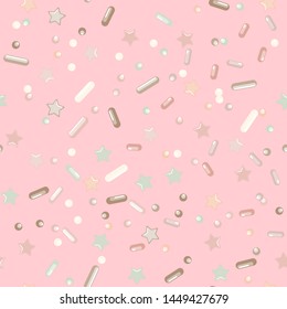Sprinkle Candy. Sprinkles Grainy. Seamless Pattern. Sweet Confetti Background.  Candy Dessert Background. Design Invitation Holiday, Party, Birthday. Rainbow Party Design.