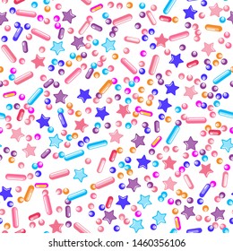 Sprinkle Candy. Sprinkles Grainy. Seamless Pattern. Sweet Confetti Background.  Candy Dessert Background. Design Invitation Holiday, Party, Birthday. Bright Topping Pattern.