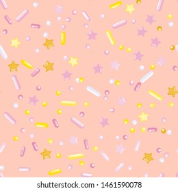 Sprinkle Candy. Sprinkles Grainy. Seamless Pattern. Sweet Confetti Background.  Candy Dessert Background. Design Invitation Holiday, Party, Birthday. Rainbow Pastry Print.