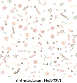 Sprinkle Candy. Sprinkles Grainy. Seamless Pattern. Sweet Confetti Background.  Candy Dessert Background. Design Invitation Holiday, Party, Birthday. Sparkle Party Design.