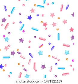 Sprinkle Candy. Sprinkles Grainy. Seamless Pattern. Sweet Confetti Background.  Candy Dessert Background. Design Invitation Holiday, Party, Birthday. Bright Pastry Print.