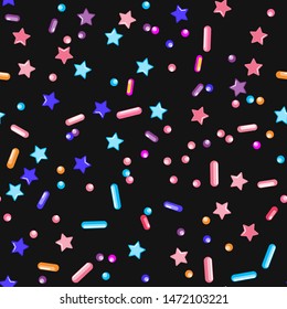 Sprinkle Candy. Sprinkles Grainy. Seamless Pattern. Sweet Confetti Background.  Candy Dessert Background. Design Invitation Holiday, Party, Birthday. Bright Pastry Print.