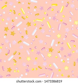 Sprinkle Candy. Sprinkles Grainy. Seamless Pattern. Sweet Confetti Background.  Candy Dessert Background. Design Invitation Holiday, Party, Birthday. Coloured Confectionery Illustration.