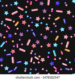 Sprinkle Candy. Sprinkles Grainy. Seamless Pattern. Sweet Confetti Background.  Candy Dessert Background. Design Invitation Holiday, Party, Birthday. Bright Pastry Print.