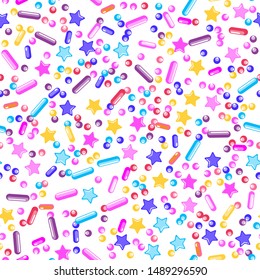 Sprinkle Candy. Sprinkles Grainy. Seamless Pattern. Sweet Confetti Background.  Candy Dessert Background. Design Invitation Holiday, Party, Birthday. Sparkle Party Design.