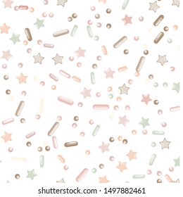Sprinkle Candy. Sprinkles Grainy. Seamless Pattern. Sweet Confetti Background.  Candy Dessert Background. Design Invitation Holiday, Party, Birthday. Coloured Confectionery Illustration.
