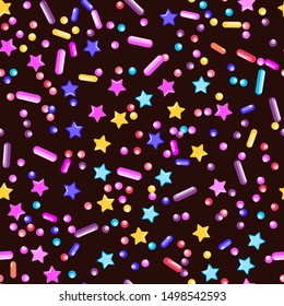 Sprinkle Candy. Sprinkles Grainy. Seamless Pattern. Sweet Confetti Background.  Candy Dessert Background. Design Invitation Holiday, Party, Birthday. Sparkle Topping Pattern.