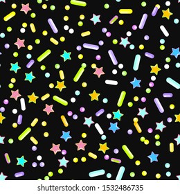 Sprinkle Candy. Sprinkles Grainy. Seamless Pattern. Sweet Confetti Background.  Candy Dessert Background. Design Invitation Holiday, Party, Birthday. Sparkle Topping Pattern.