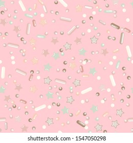 Sprinkle Candy. Sprinkles Grainy. Seamless Pattern. Sweet Confetti Background.  Candy Dessert Background. Design Invitation Holiday, Party, Birthday. Bright Confectionery Illustration.