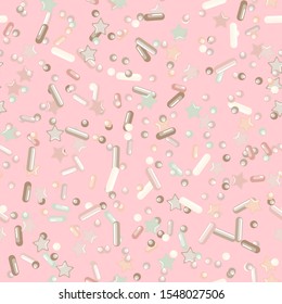 Sprinkle Candy. Sprinkles Grainy. Seamless Pattern. Sweet Confetti Background.  Candy Dessert Background. Design Invitation Holiday, Party, Birthday. Delicious Party Design.