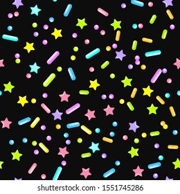Sprinkle Candy. Sprinkles Grainy. Seamless Pattern. Sweet Confetti Background.  Candy Dessert Background. Design Invitation Holiday, Party, Birthday. Rainbow Pastry Print.