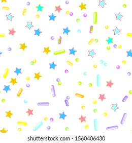 Sprinkle Candy. Sprinkles Grainy. Seamless Pattern. Sweet Confetti Background.  Candy Dessert Background. Design Invitation Holiday, Party, Birthday. Sparkle Confectionery Illustration.