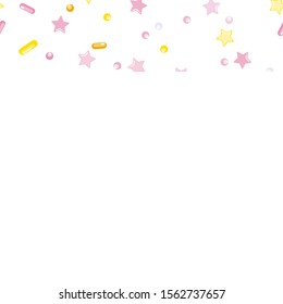 Sprinkle Candy. Sprinkles Grainy. Seamless Pattern. Sweet Confetti Background.  Candy Dessert Background. Design Invitation Holiday, Party, Birthday. Coloured Pastry Print.