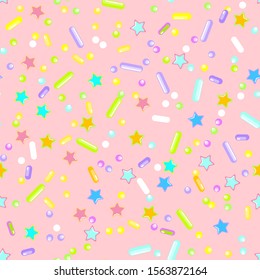 Sprinkle Candy. Sprinkles Grainy. Seamless Pattern. Sweet Confetti Background.  Candy Dessert Background. Design Invitation Holiday, Party, Birthday. Sparkle Party Design.