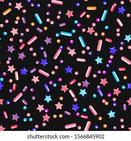 Sprinkle Candy. Sprinkles Grainy. Seamless Pattern. Sweet Confetti Background.  Candy Dessert Background. Design Invitation Holiday, Party, Birthday. Coloured Topping Pattern.