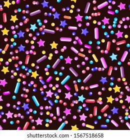 Sprinkle Candy. Sprinkles Grainy. Seamless Pattern. Sweet Confetti Background.  Candy Dessert Background. Design Invitation Holiday, Party, Birthday. Bright Confectionery Illustration.