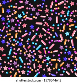 Sprinkle Candy. Sprinkles Grainy. Seamless Pattern. Sweet Confetti Background.  Candy Dessert Background. Design Invitation Holiday, Party, Birthday. Bright Party Design.