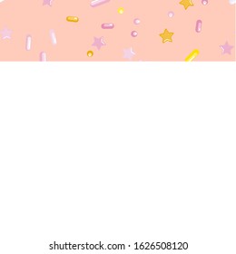 Sprinkle Candy. Sprinkles Grainy. Seamless Pattern. Sweet Confetti Background.  Candy Dessert Background. Design Invitation Holiday, Party, Birthday. Bright Confectionery Illustration.