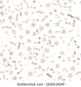Sprinkle Candy. Sprinkles Grainy. Seamless Pattern. Sweet Confetti Background.  Candy Dessert Background. Design Invitation Holiday, Party, Birthday. Rainbow Party Design.