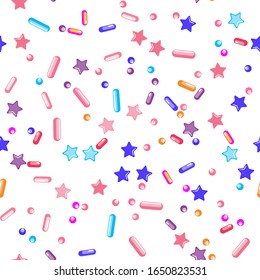 Sprinkle Candy. Sprinkles Grainy. Seamless Pattern. Sweet Confetti Background.  Candy Dessert Background. Design Invitation Holiday, Party, Birthday. Bright Pastry Print.