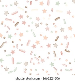 Sprinkle Candy. Sprinkles Grainy. Seamless Pattern. Sweet Confetti Background.  Candy Dessert Background. Design Invitation Holiday, Party, Birthday. Sparkle Topping Pattern.