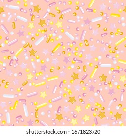 Sprinkle Candy. Sprinkles Grainy. Seamless Pattern. Sweet Confetti Background.  Candy Dessert Background. Design Invitation Holiday, Party, Birthday. Delicious Confectionery Illustration.