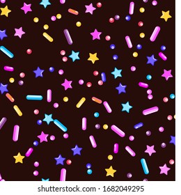 Sprinkle Candy. Sprinkles Grainy. Seamless Pattern. Sweet Confetti Background.  Candy Dessert Background. Design Invitation Holiday, Party, Birthday. Colorful Topping Pattern.