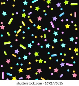 Sprinkle Candy. Sprinkles Grainy. Seamless Pattern. Sweet Confetti Background.  Candy Dessert Background. Design Invitation Holiday, Party, Birthday. Delicious Confectionery Illustration.