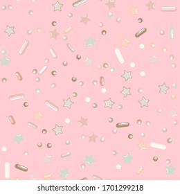 Sprinkle Candy. Sprinkles Grainy. Seamless Pattern. Sweet Confetti Background.  Candy Dessert Background. Design Invitation Holiday, Party, Birthday. Sparkle Confectionery Illustration.