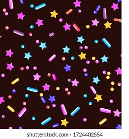 Sprinkle Candy. Sprinkles Grainy. Seamless Pattern. Sweet Confetti Background.  Candy Dessert Background. Design Invitation Holiday, Party, Birthday. Bright Pastry Print.