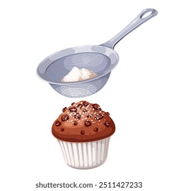 Sprinkle cartoon muffin with powdered sugar using sieve. Powder pouring on chocolate cake in paper baking cup. Pastry preparation, bakery mascot, cartoon tasty muffin cooking vector illustration