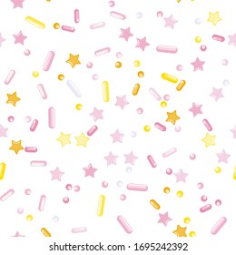 Sprinkle confetti. Sprinkles Grainy. Seamless Pattern. Sweet Confetti Background.  Sprinkle confetti. Design Invitation Holiday, Party, Birthday. Coloured Topping Pattern.