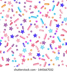 Sprinkle Cupcake Donut. Sprinkles Topping. Seamless Pattern. Sweet Confetti Background.  Cupcake Donuts Background. Design Invitation Holiday, Party, Birthday. Delicious Confectionery Illustration.