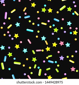 Sprinkle Cupcake Donut. Sprinkles Topping. Seamless Pattern. Sweet Confetti Background.  Cupcake Donuts Background. Design Invitation Holiday, Party, Birthday. Sparkle Topping Pattern.