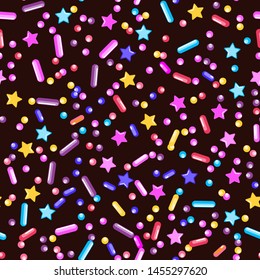 Sprinkle Cupcake Donut. Sprinkles Topping. Seamless Pattern. Sweet Confetti Background.  Cupcake Donuts Background. Design Invitation Holiday, Party, Birthday. Coloured Party Design.