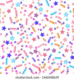 Sprinkle Cupcake Donut. Sprinkles Topping. Seamless Pattern. Sweet Confetti Background.  Cupcake Donuts Background. Design Invitation Holiday, Party, Birthday. Cute Party Design.