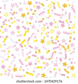 Sprinkle Cupcake Donut. Sprinkles Topping. Seamless Pattern. Sweet Confetti Background.  Cupcake Donuts Background. Design Invitation Holiday, Party, Birthday. Sparkle Party Design.