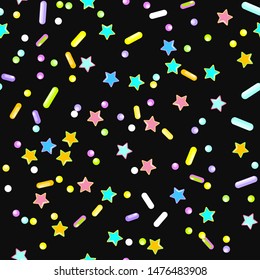 Sprinkle Cupcake Donut. Sprinkles Topping. Seamless Pattern. Sweet Confetti Background.  Cupcake Donuts Background. Design Invitation Holiday, Party, Birthday. Colorful Topping Pattern.