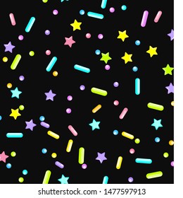 Sprinkle Cupcake Donut. Sprinkles Topping. Seamless Pattern. Sweet Confetti Background.  Cupcake Donuts Background. Design Invitation Holiday, Party, Birthday. Delicious Pastry Print.