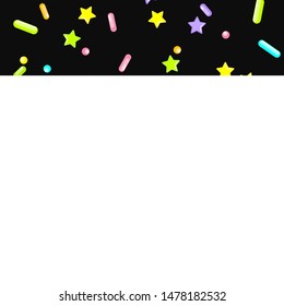 Sprinkle Cupcake Donut. Sprinkles Topping. Seamless Pattern. Sweet Confetti Background.  Cupcake Donuts Background. Design Invitation Holiday, Party, Birthday. Sparkle Pastry Print.
