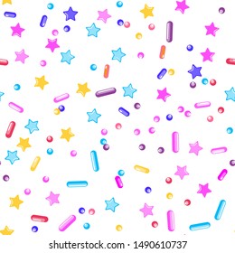 Sprinkle Cupcake Donut. Sprinkles Topping. Seamless Pattern. Sweet Confetti Background.  Cupcake Donuts Background. Design Invitation Holiday, Party, Birthday. Cute Party Design.