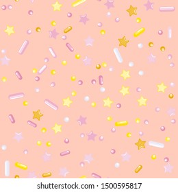 Sprinkle Cupcake Donut. Sprinkles Topping. Seamless Pattern. Sweet Confetti Background.  Cupcake Donuts Background. Design Invitation Holiday, Party, Birthday. Bright Pastry Print.