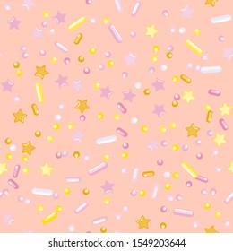Sprinkle Cupcake Donut. Sprinkles Topping. Seamless Pattern. Sweet Confetti Background.  Cupcake Donuts Background. Design Invitation Holiday, Party, Birthday. Bright Pastry Print.