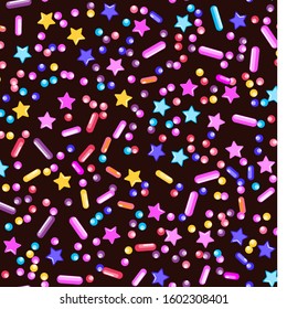 Sprinkle Cupcake Donut. Sprinkles Topping. Seamless Pattern. Sweet Confetti Background.  Cupcake Donuts Background. Design Invitation Holiday, Party, Birthday. Coloured Confectionery Illustration.