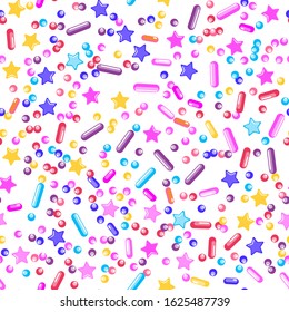 Sprinkle Cupcake Donut. Sprinkles Topping. Seamless Pattern. Sweet Confetti Background.  Cupcake Donuts Background. Design Invitation Holiday, Party, Birthday. Cute Confectionery Illustration.