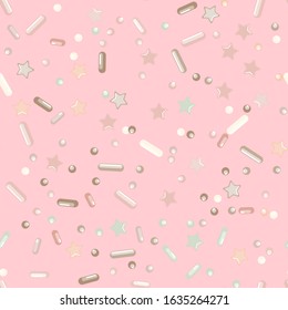 Sprinkle Cupcake Donut. Sprinkles Topping. Seamless Pattern. Sweet Confetti Background.  Cupcake Donuts Background. Design Invitation Holiday, Party, Birthday. Bright Topping Pattern.
