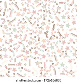 Sprinkle Cupcake Donut. Sprinkles Topping. Seamless Pattern. Sweet Confetti Background.  Cupcake Donuts Background. Design Invitation Holiday, Party, Birthday. Coloured Topping Pattern.