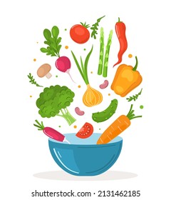 Sprinkle a fresh summer salad of greens and vegetables in a deep plate. Flying salad recipe. Vector illustration isolated on a white background.