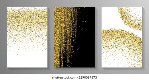 Sprinkle gold confetti grain scatter texture. Triangle square circle star particles noise. Banner template. Glowing scruple elements powder confetti. Birthday decoration gleaming explosion