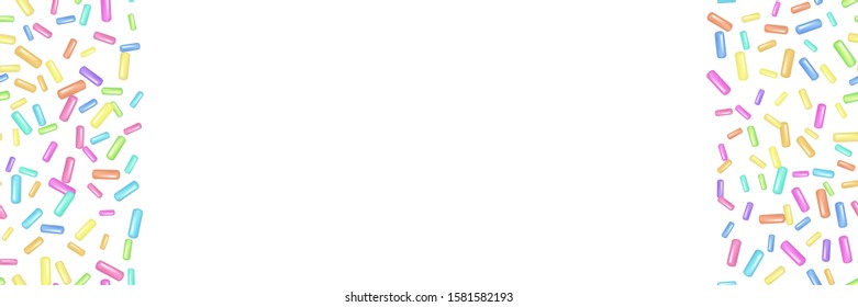 Sprinkle with grains of desserts. Abstract horizontal seamless pattern with sprinkles grainy on white background. Design for holiday designs, party, birthday, invitation. Vector sweet confetti